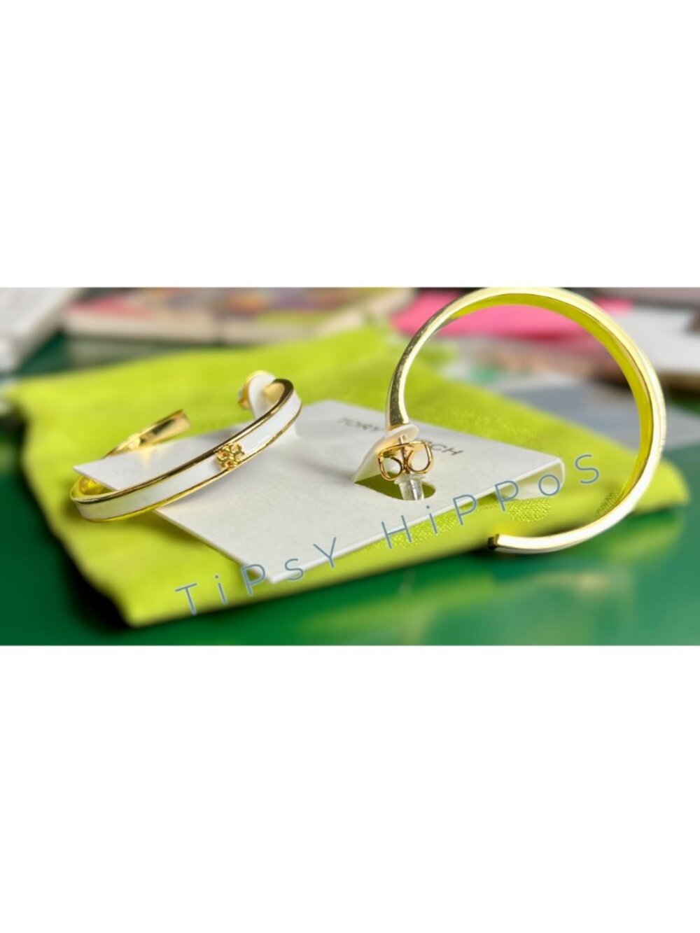 TORY BURCH WHITE AND GOLD KIRA ENAMEL HOOP EARRINGS - Picture 6 of 7